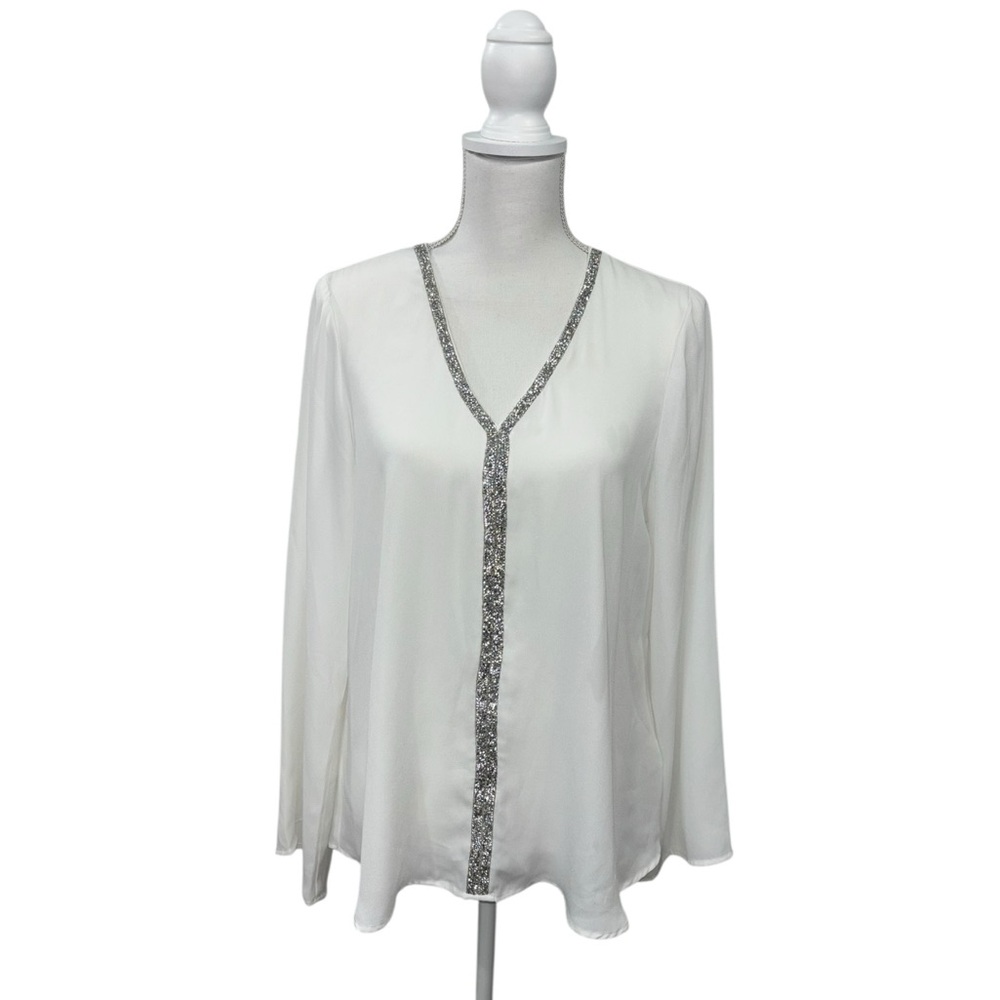 NWT Spense Ivory Silver Womens M Embellished V-Neck Blouse Tunic‎ Top LongSleeve